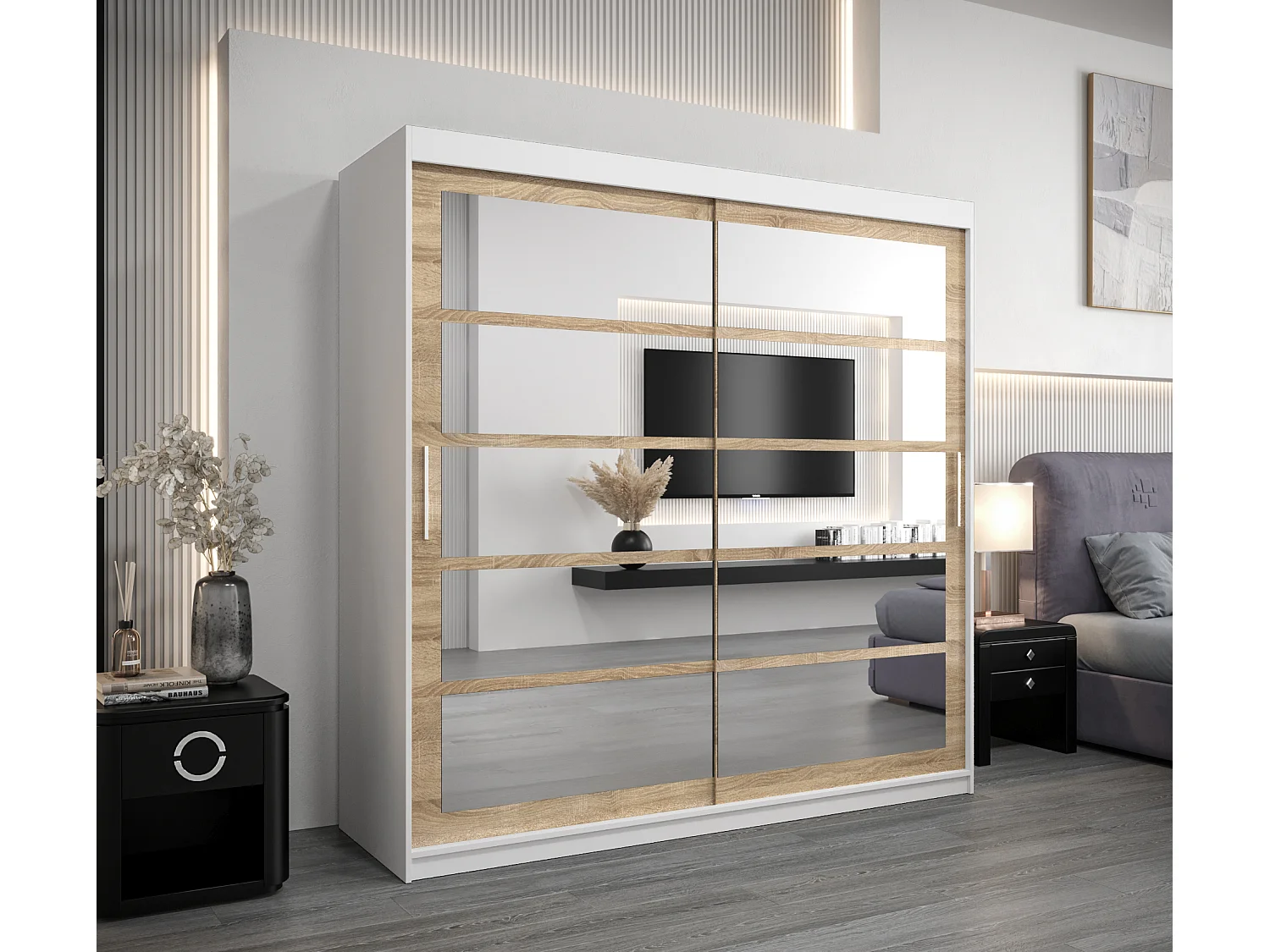 Armoire Roma 2 À Portes Coulissantes 200/200/62 2 portes (Blanc/Sonoma)