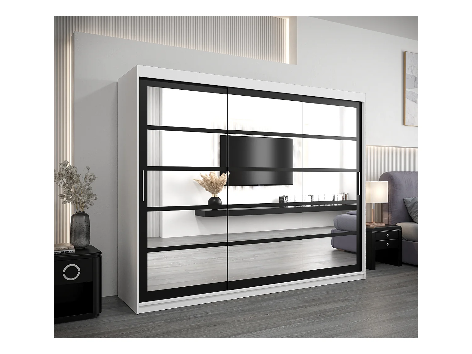 Armoire Roma 2 À Portes Coulissantes 200/250/62 3 Portes (Blanc/Noir)