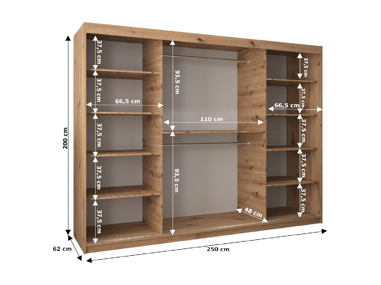 Armoire Roma 2 À Portes Coulissantes 200/250/62 3 Portes (Blanc/Noir)
