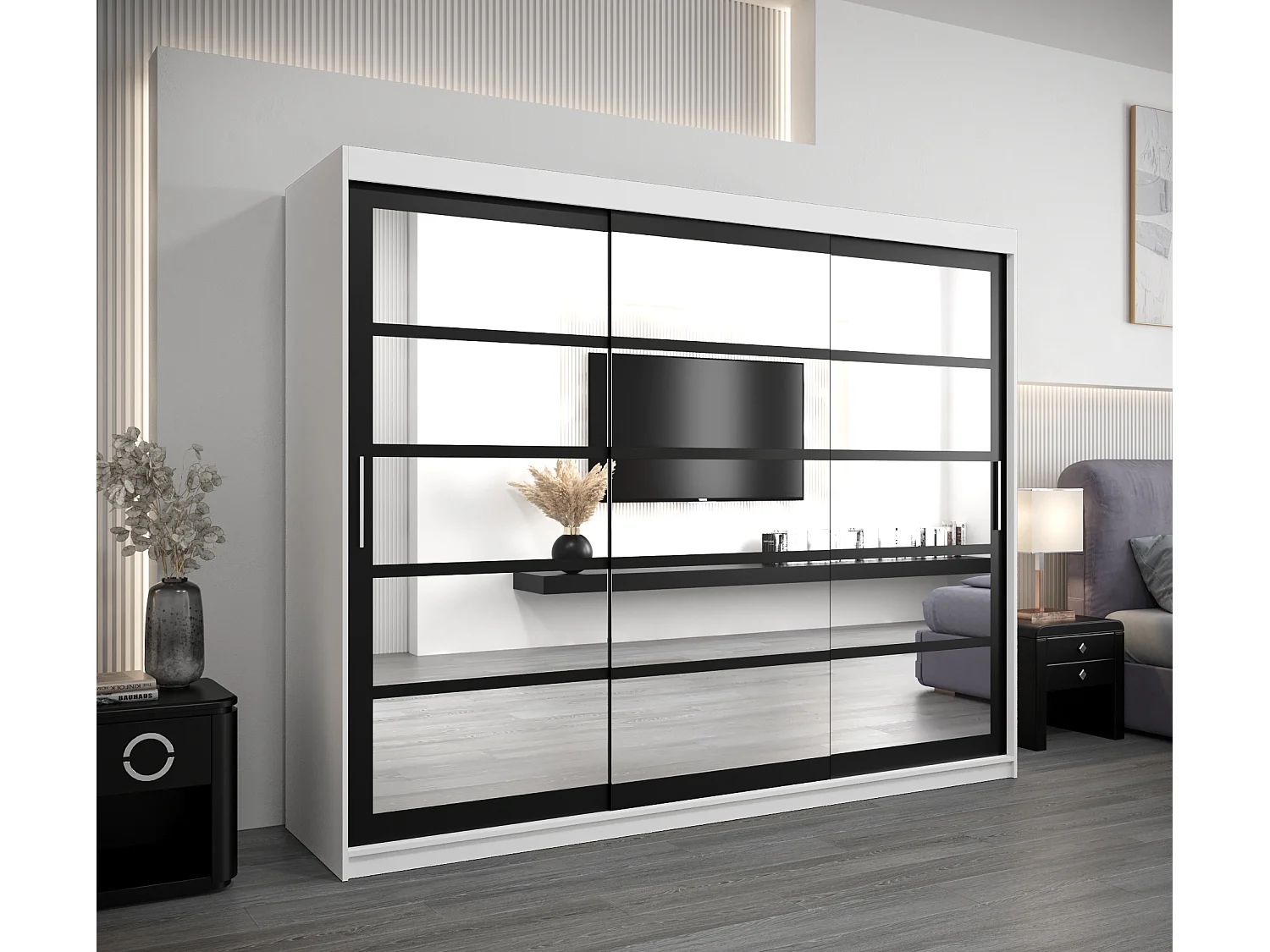 Armoire Roma 2 À Portes Coulissantes 200/250/62 3 Portes (Blanc/Noir)