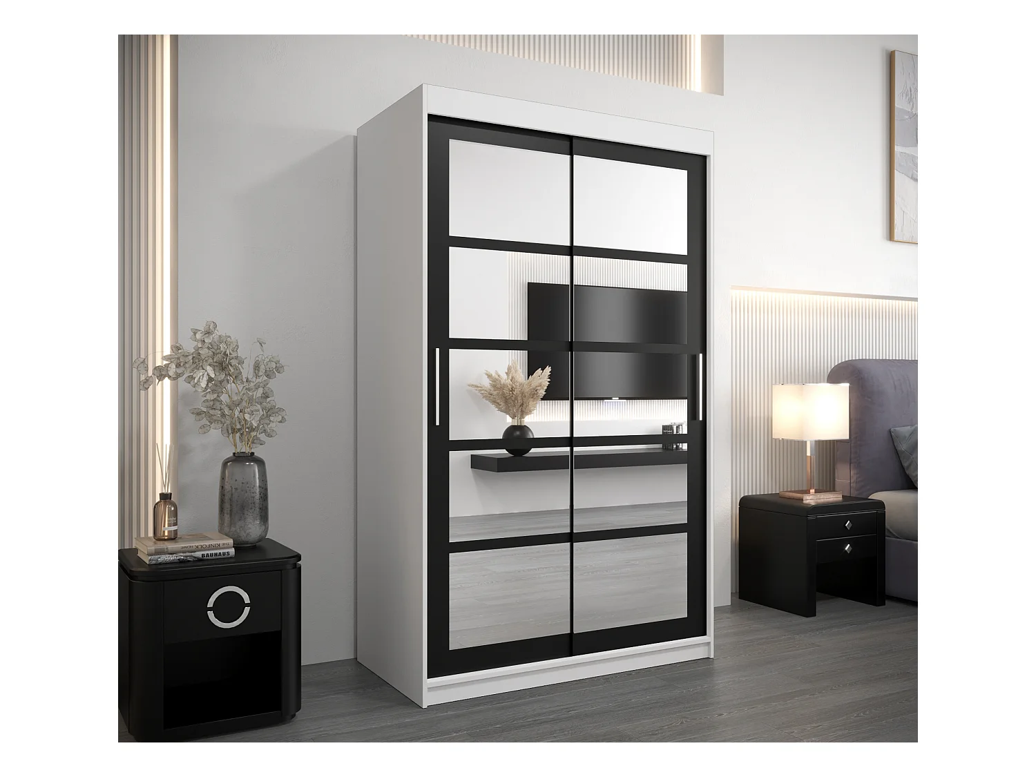 Schwebetürenschrank Roma 200/120/62 2-Türig (Weiß/Schwarz)