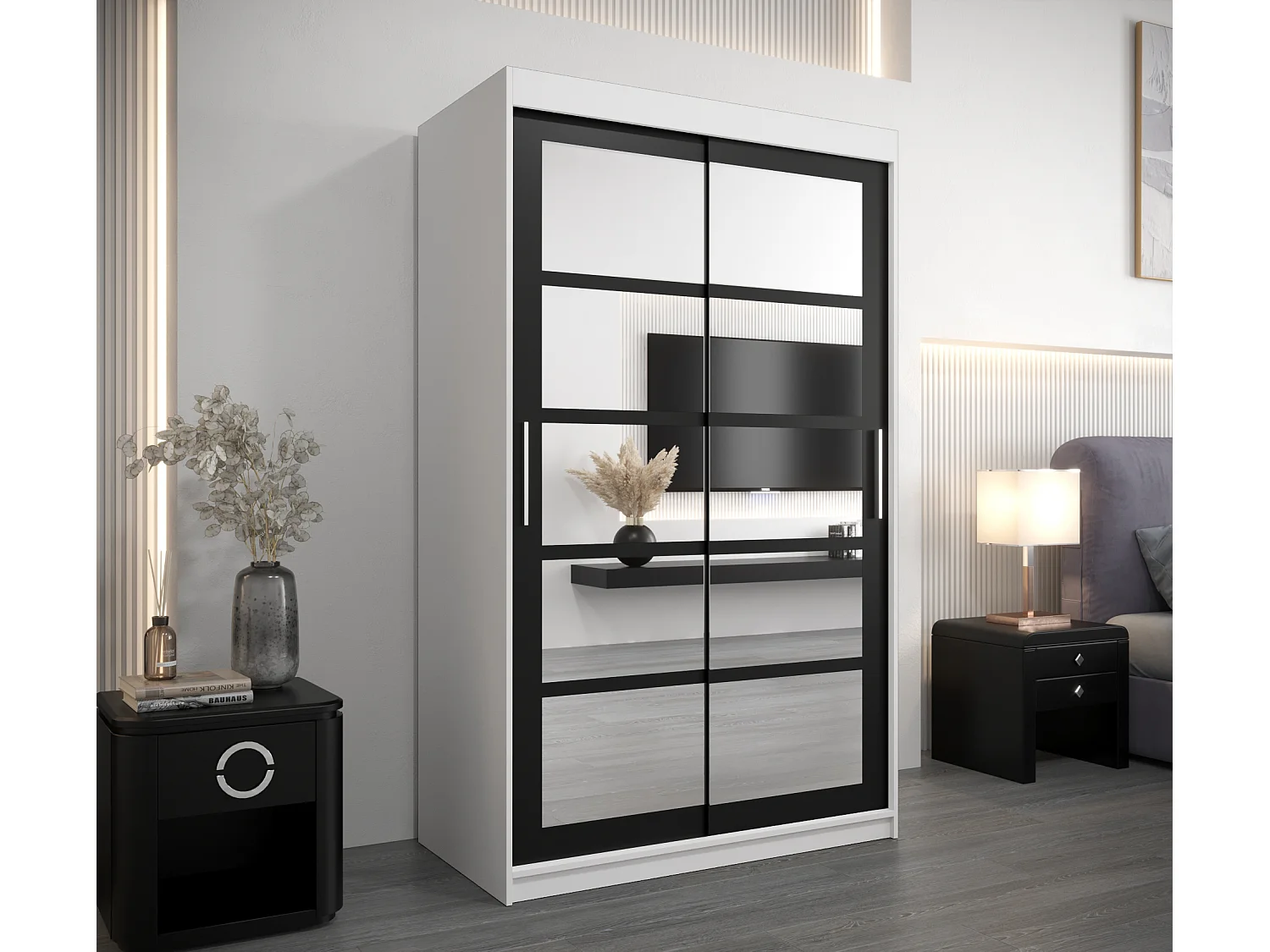 Armoire Roma 2 À Portes Coulissantes 200/120/62 2 portes (Blanc/Noir)