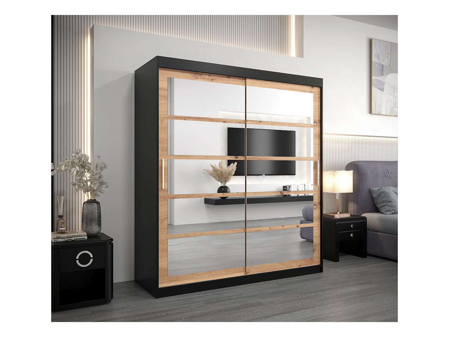 Schwebetürenschrank Roma 200/180/62 2-Türig (Schwarz/Artisan)