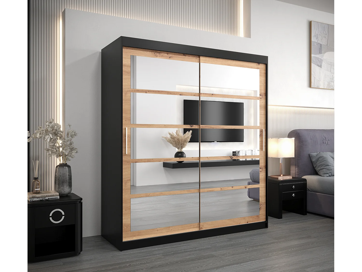 Armoire Roma 2 À Portes Coulissantes 200/180/62 2 portes (Noir/Artisan)