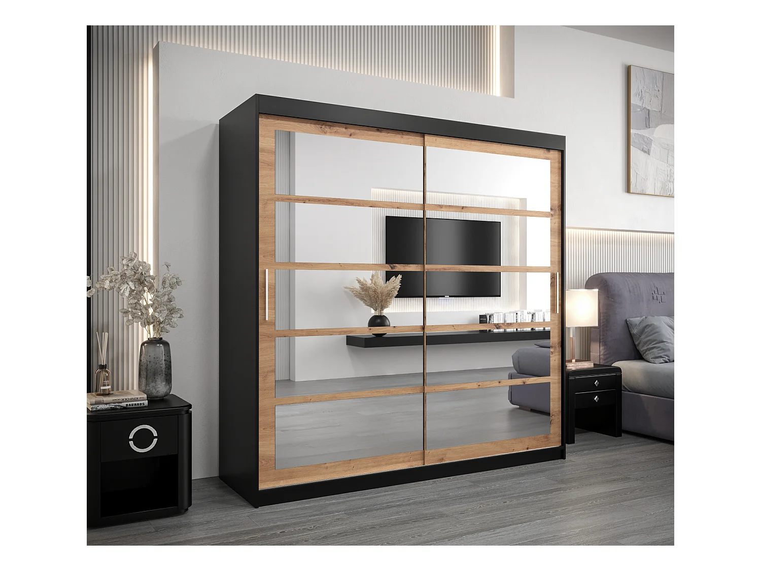 Armoire Roma 2 À Portes Coulissantes 200/200/62 2 portes (Noir/Artisan)