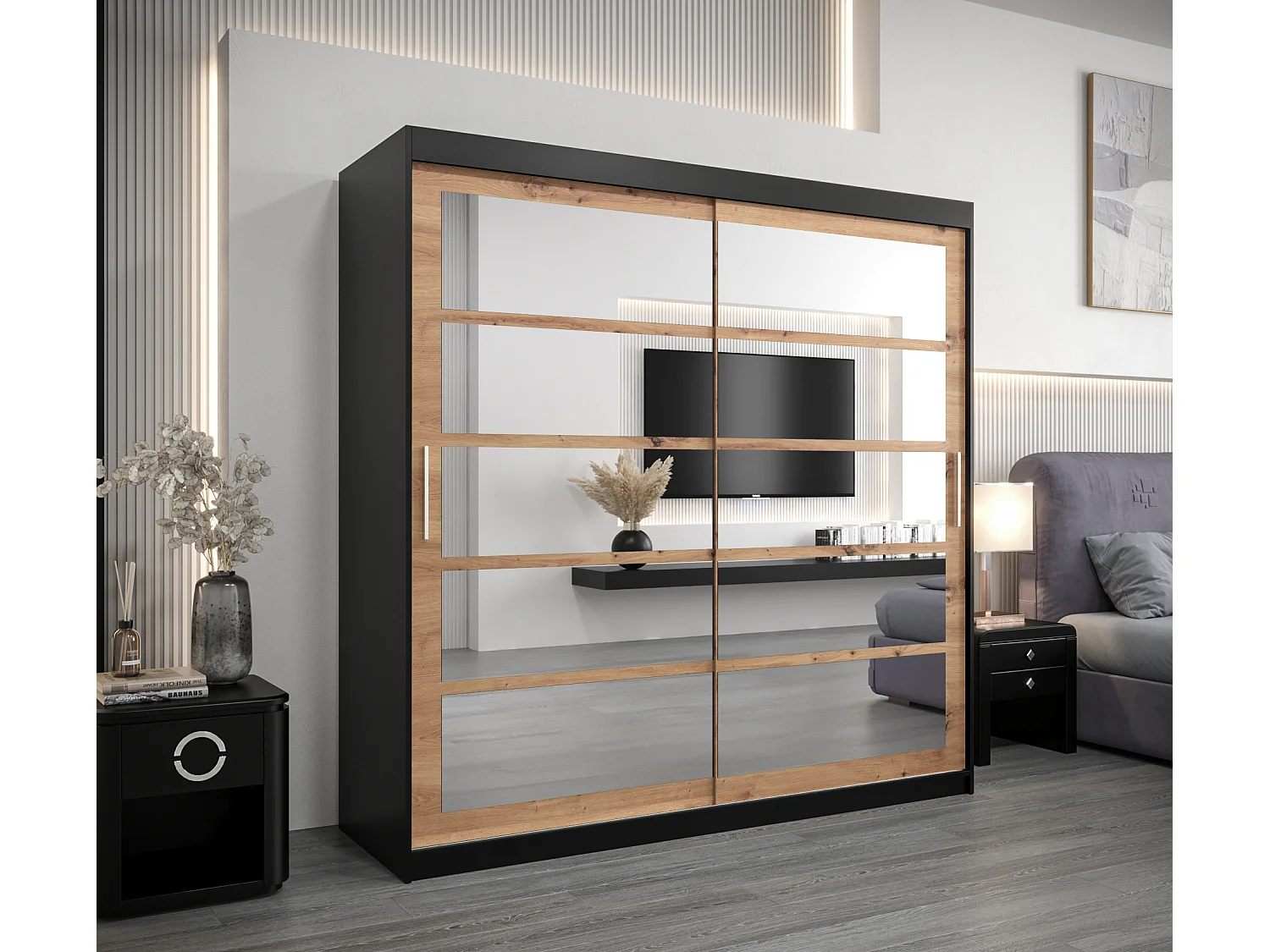 Armoire Roma 2 À Portes Coulissantes 200/200/62 2 portes (Noir/Artisan)