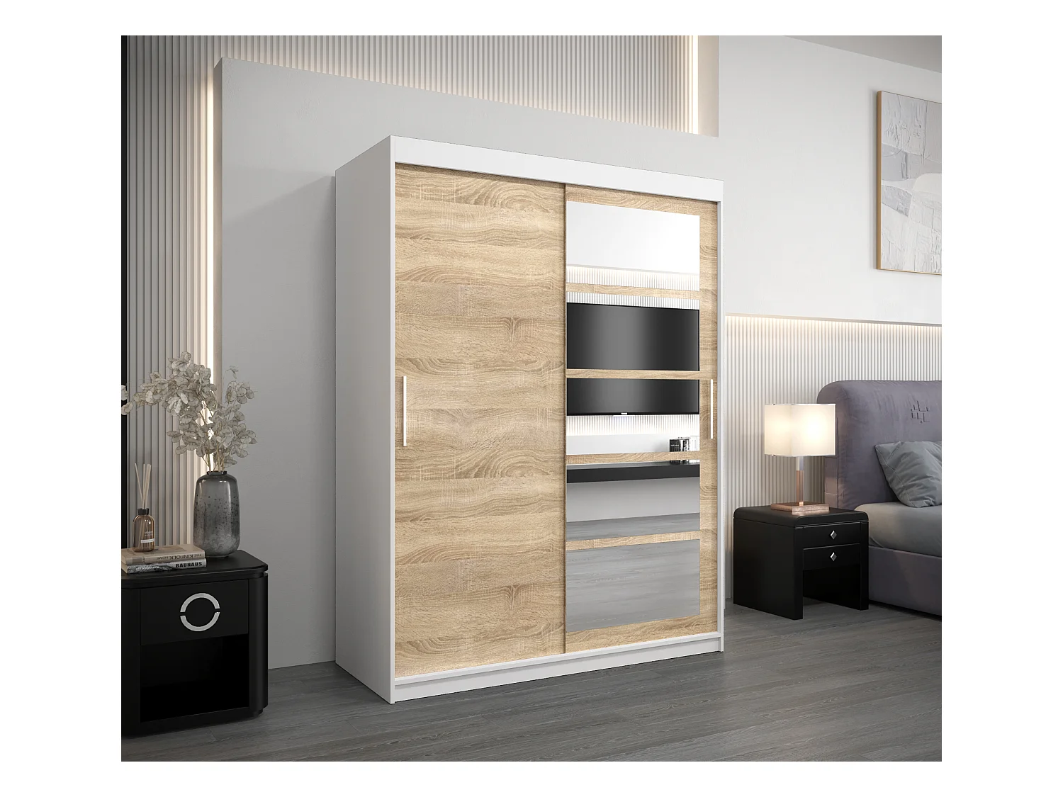 Roma 1 kledingkast met schuifdeuren 200/150/62 2 deuren (wit/sonoma)