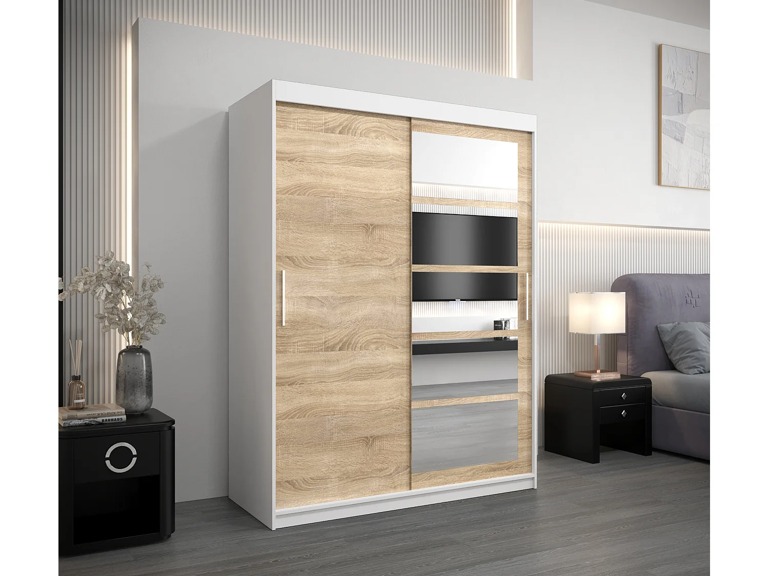 Armoire Roma 1 À Portes Coulissantes 200/150/62 2 portes (Blanc/Sonoma)