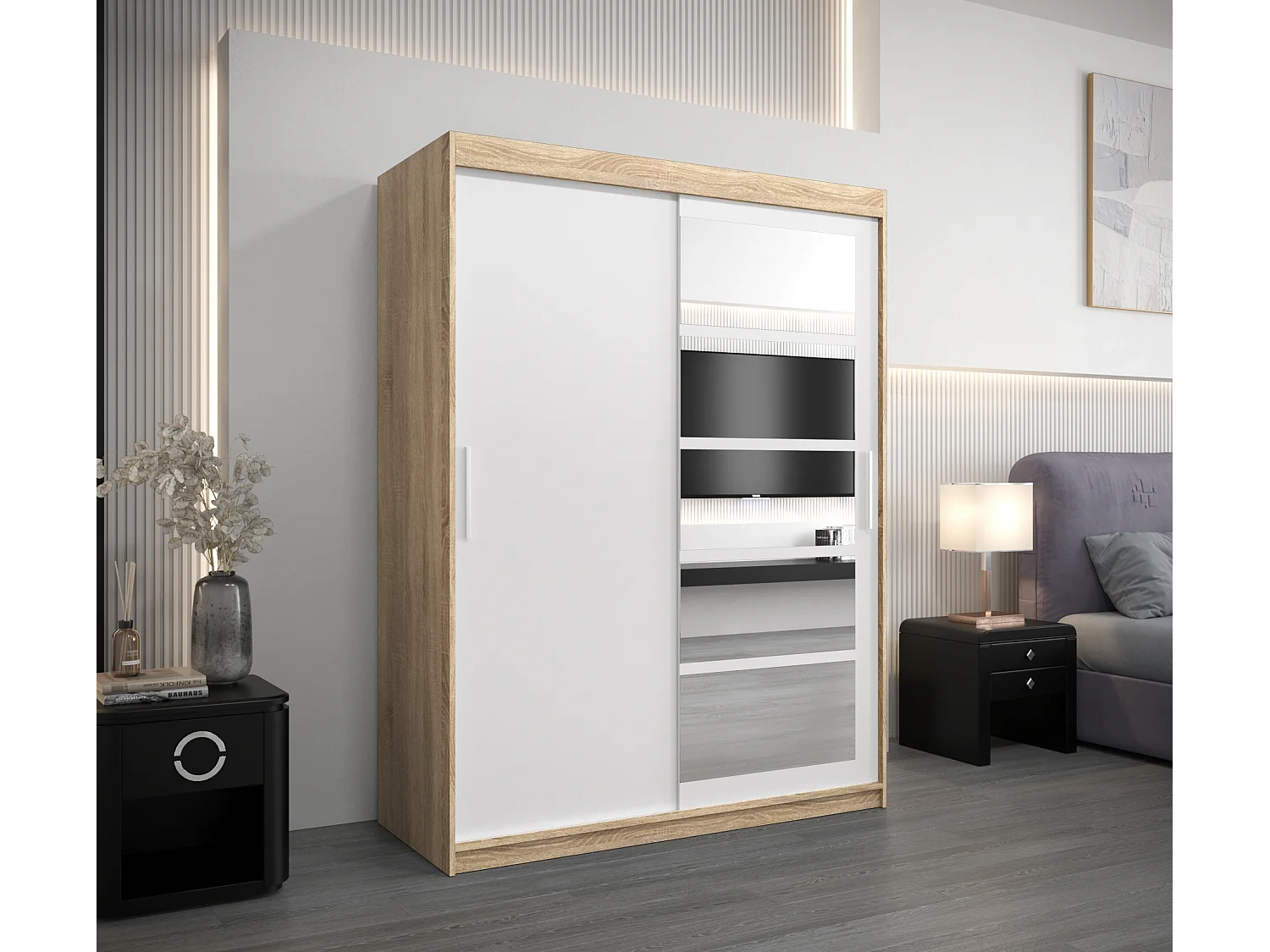 Armoire Roma 1 À Portes Coulissantes 200/150/62 2 portes (Sonoma/Blanc)