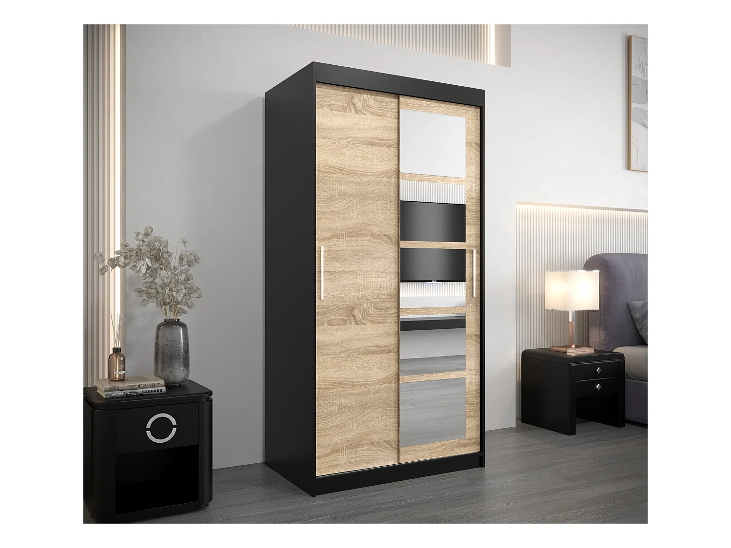 Armoire Roma 1 À Portes Coulissantes 200/100/62 2 portes (Noir/Sonoma)