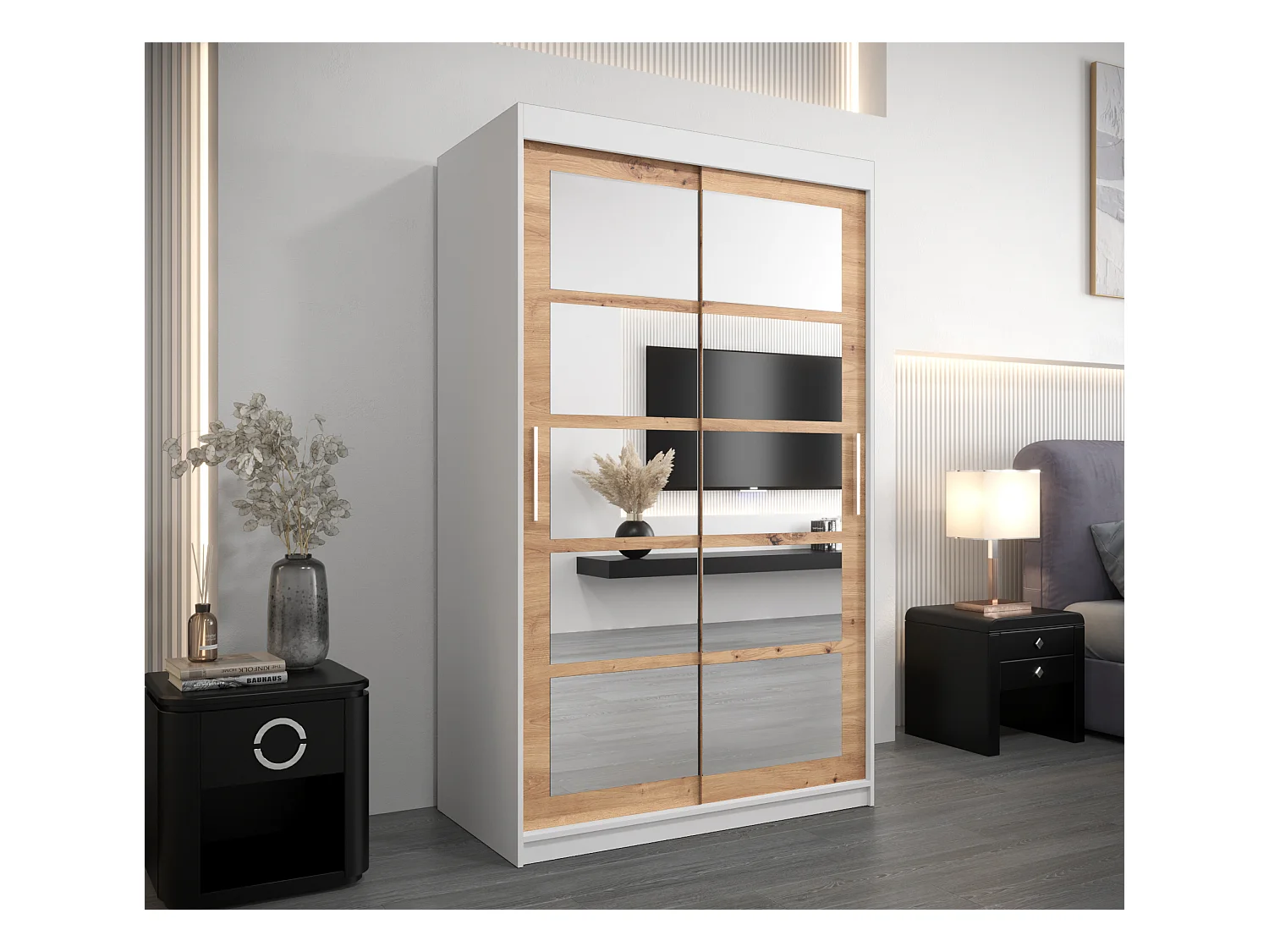 Schwebetürenschrank Roma 200/120/62 2-Türig (Weiß/Artisan)