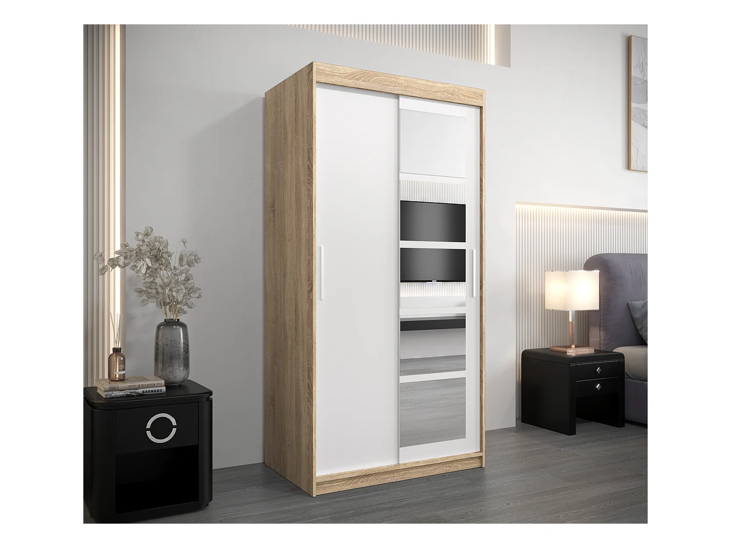 Schwebetürenschrank Roma 200/100/62 2-Türig (Sonoma/Weiß)