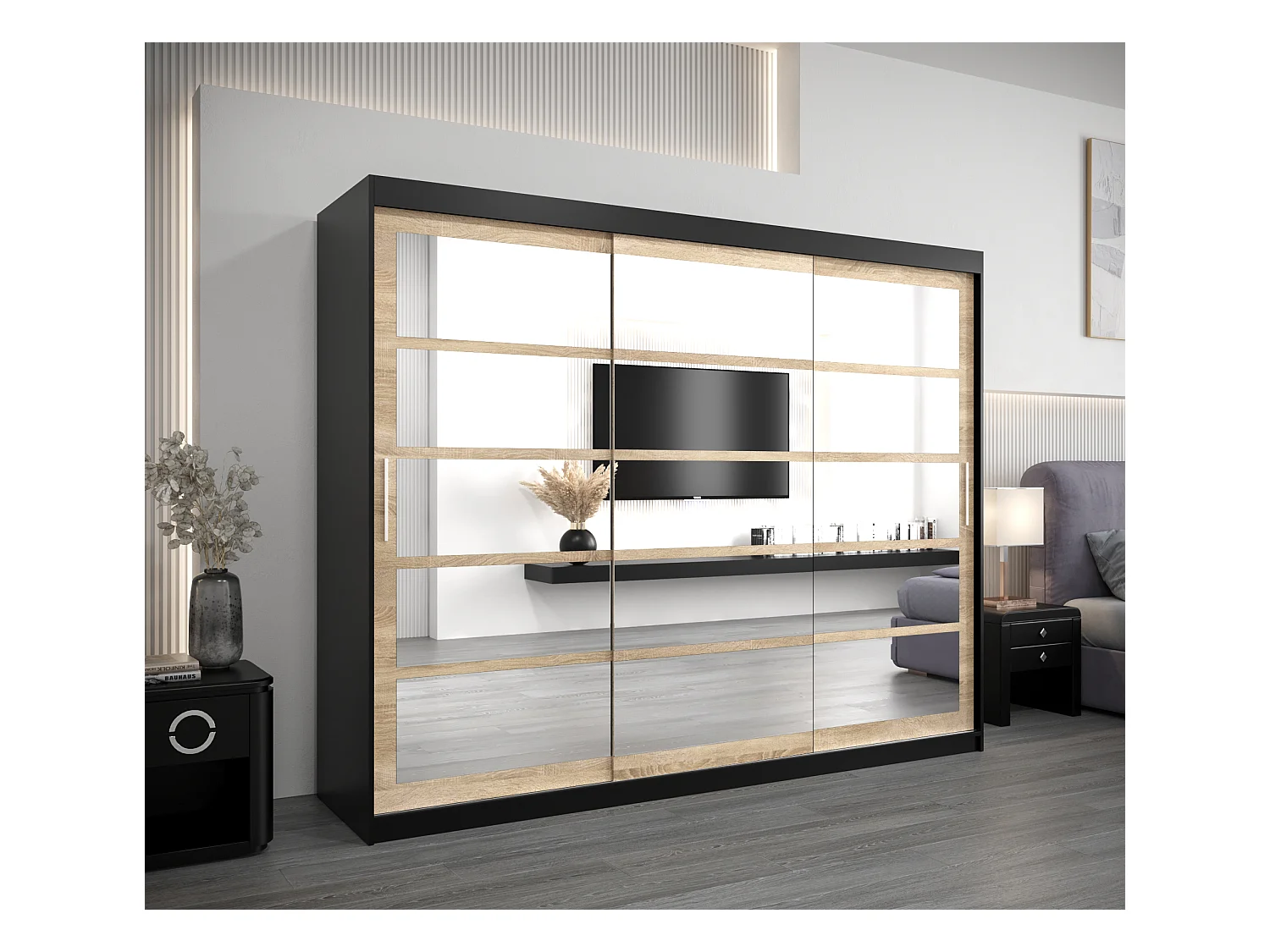 Schwebetürenschrank Roma 200/250/62 2-Türig (Schwarz/Sonoma)