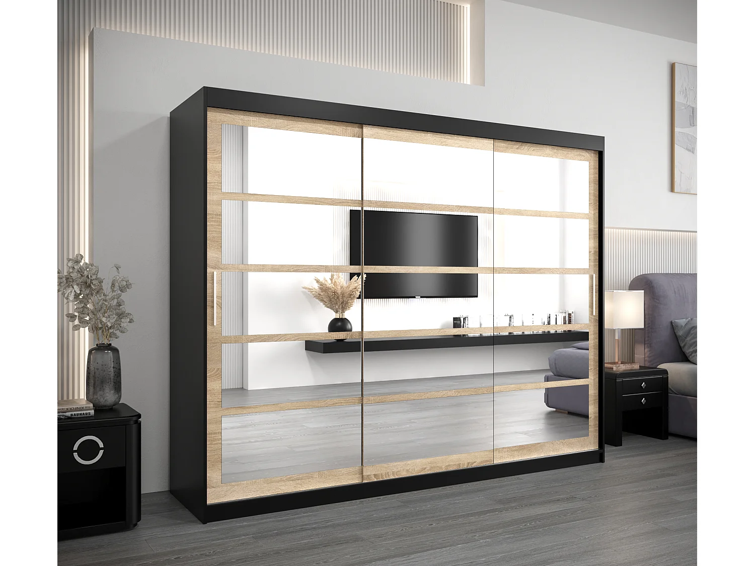 Armoire Roma 2 À Portes Coulissantes 200/250/62 3 Portes (Noir/Sonoma)