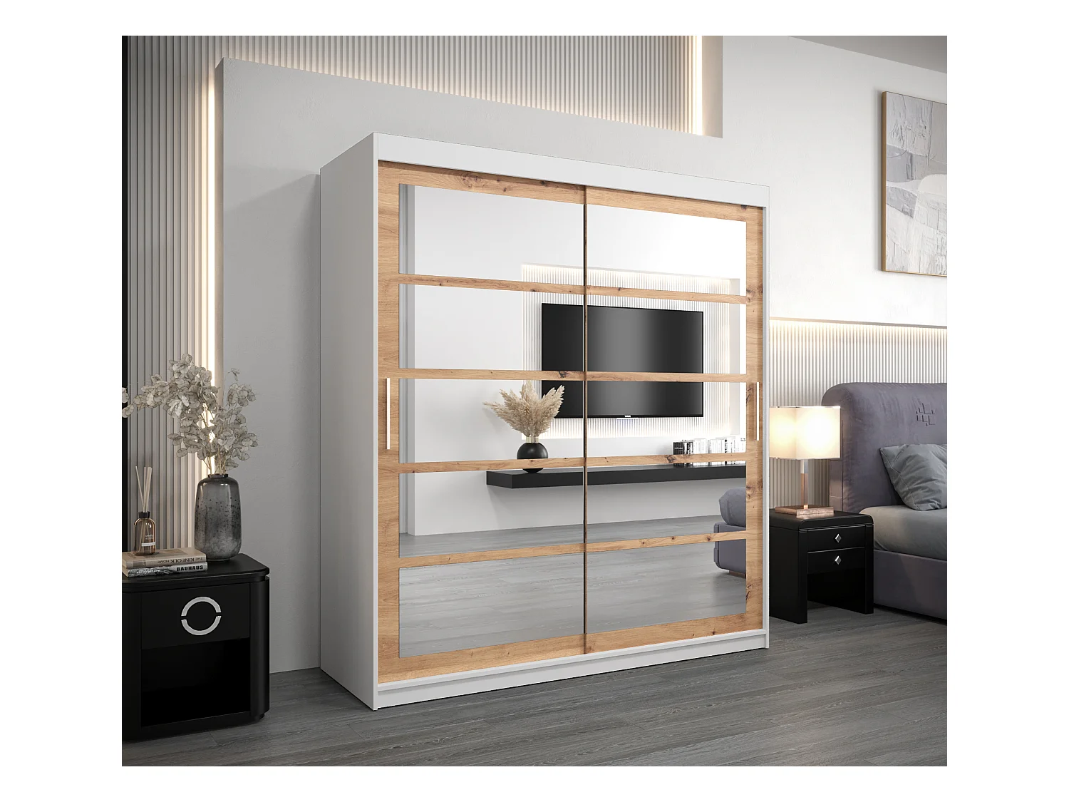 Schwebetürenschrank Roma 200/180/62 2-Türig (Weiß/Artisan)