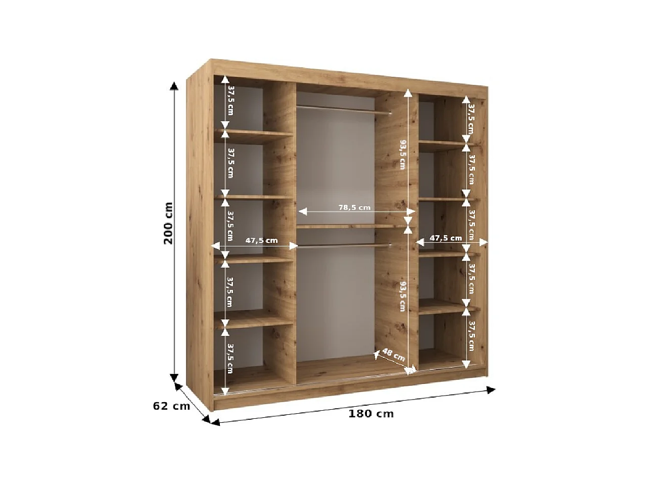 Schwebetürenschrank Roma 200/180/62 2-Türig (Weiß/Artisan)