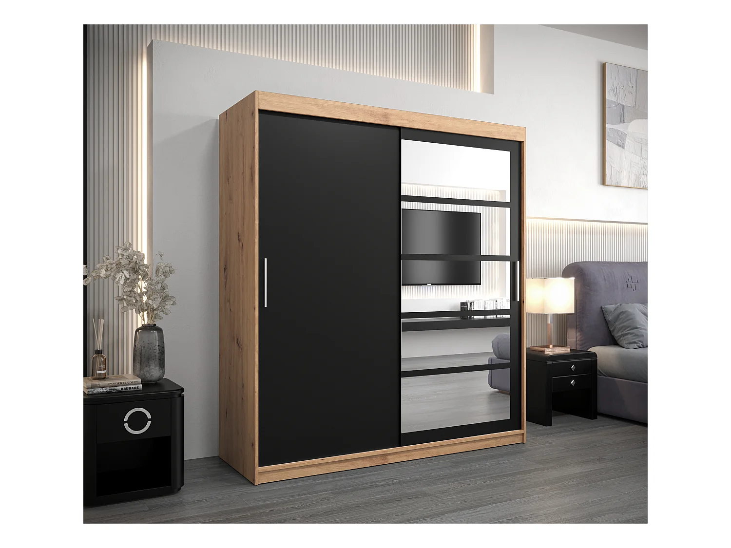 Armoire Roma 1 À Portes Coulissantes 200/180/62 2 portes (Artisan/Noir)