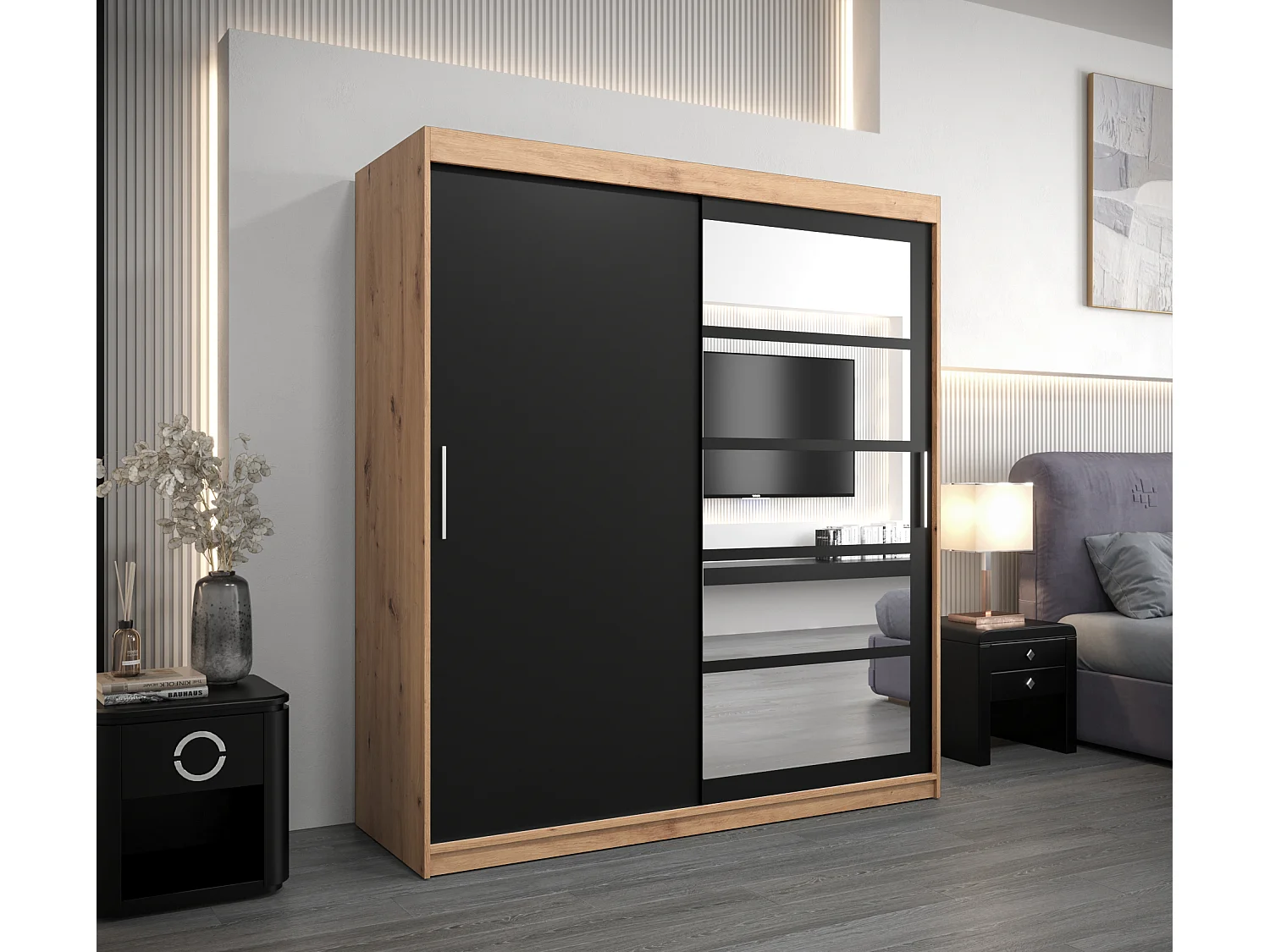 Armoire Roma 1 À Portes Coulissantes 200/180/62 2 portes (Artisan/Noir)