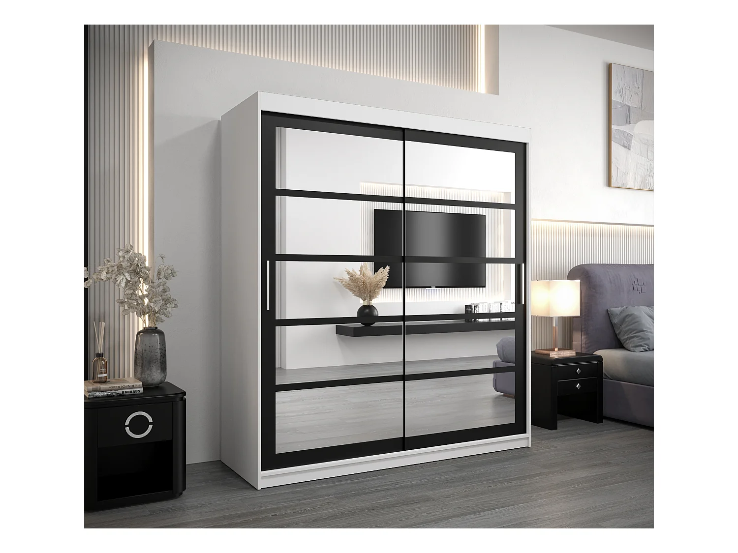 Schwebetürenschrank Roma 200/180/62 2-Türig (Weiß/Schwarz)