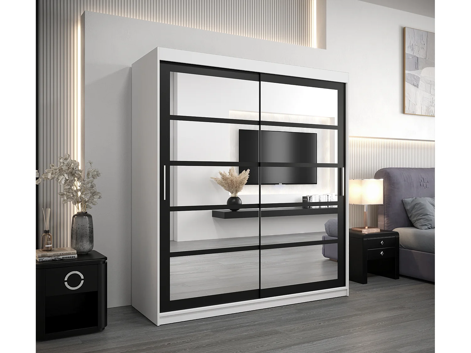 Armoire Roma 2 À Portes Coulissantes 200/180/62 2 portes (Blanc/Noir)