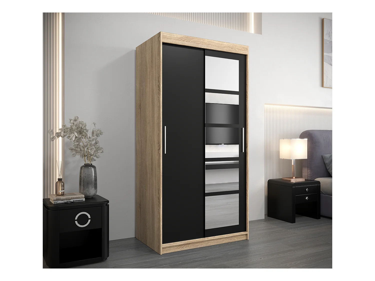 Schwebetürenschrank Roma 200/100/62 2-Türig (Sonoma/Schwarz)