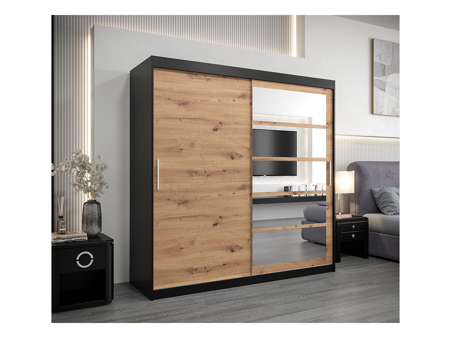 Schwebetürenschrank Roma 200/200/62 2-Türig (Schwarz/Artisan)