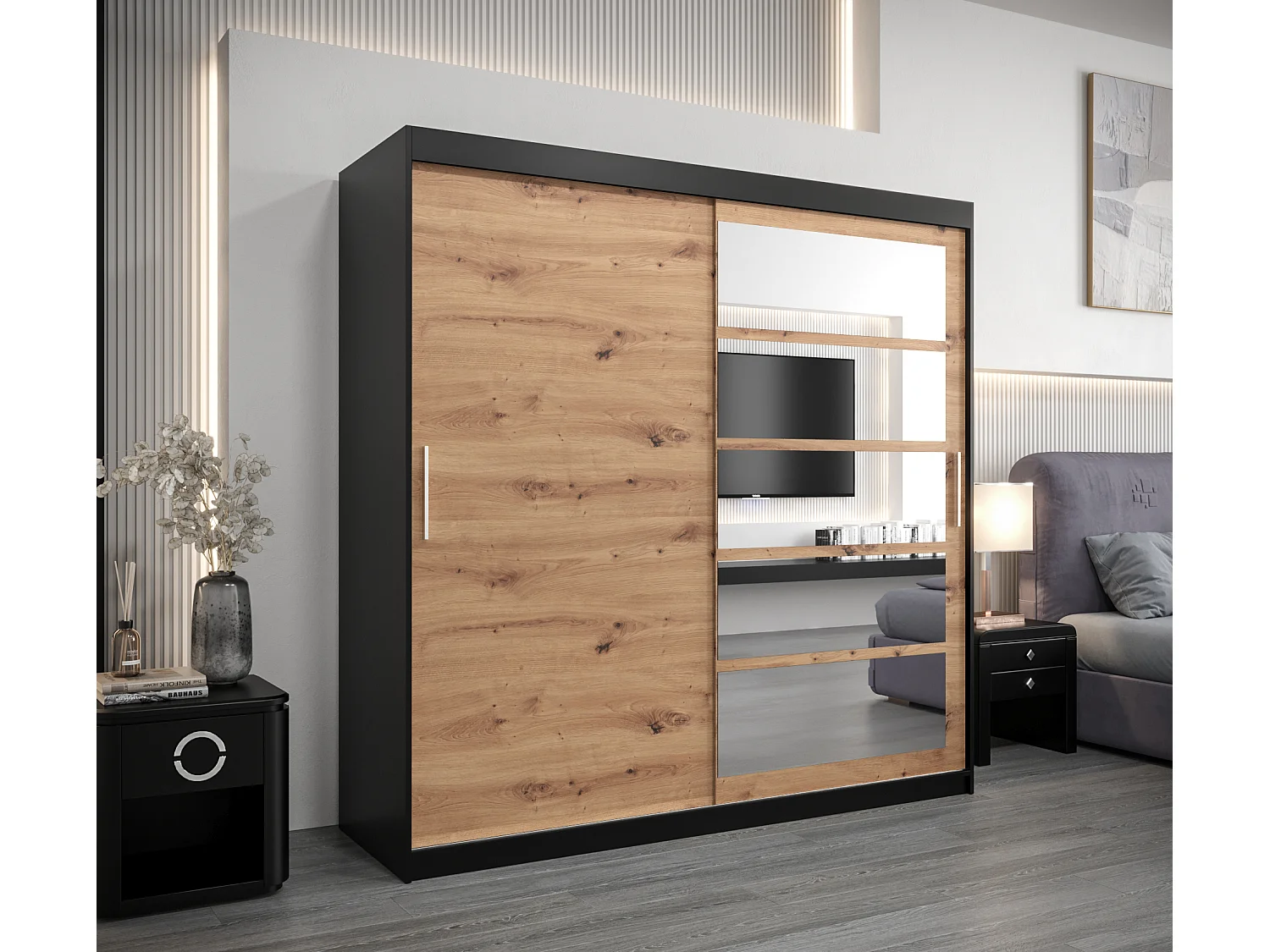 Armoire Roma 1 À Portes Coulissantes 200/200/62 2 portes (Noir/Artisan)