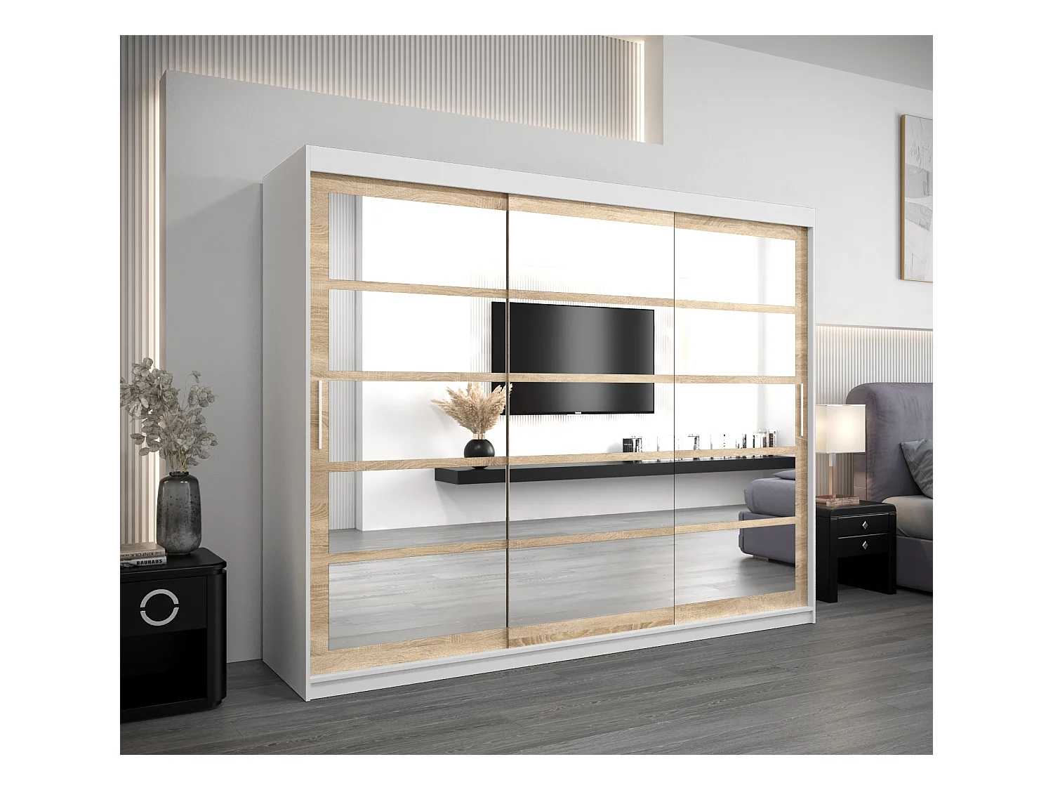 Armoire Roma 2 À Portes Coulissantes 200/250/62 3 Portes (Blanc/Sonoma)