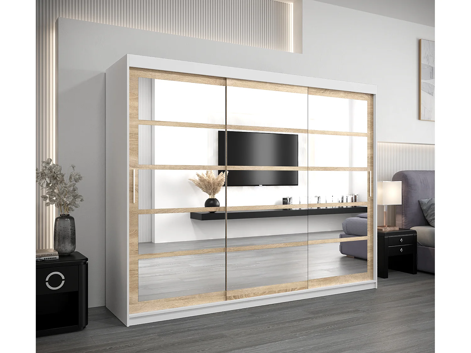 Armoire Roma 2 À Portes Coulissantes 200/250/62 3 Portes (Blanc/Sonoma)