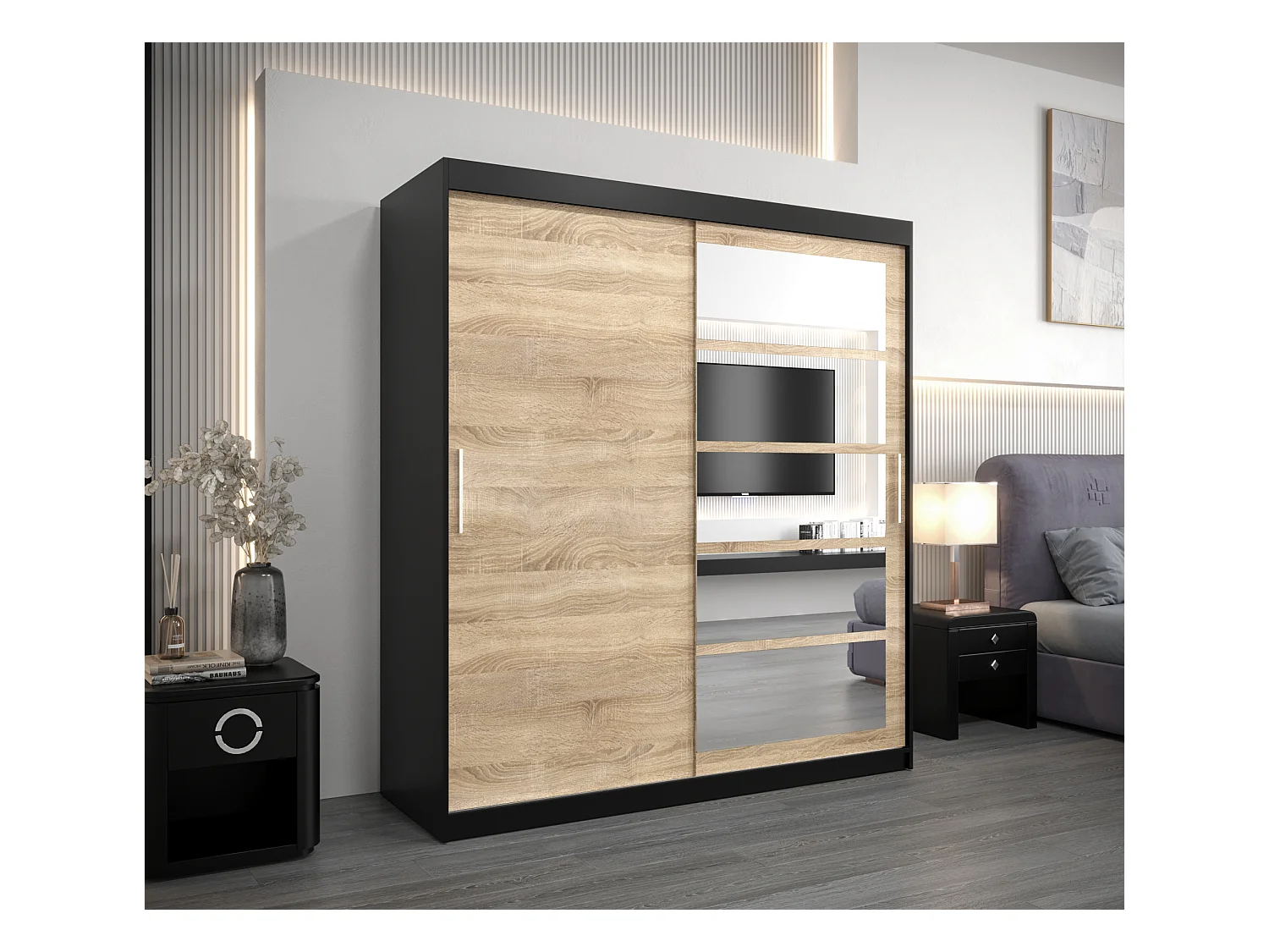 Armoire Roma 1 À Portes Coulissantes 200/180/62 2 portes (Noir/Sonoma)