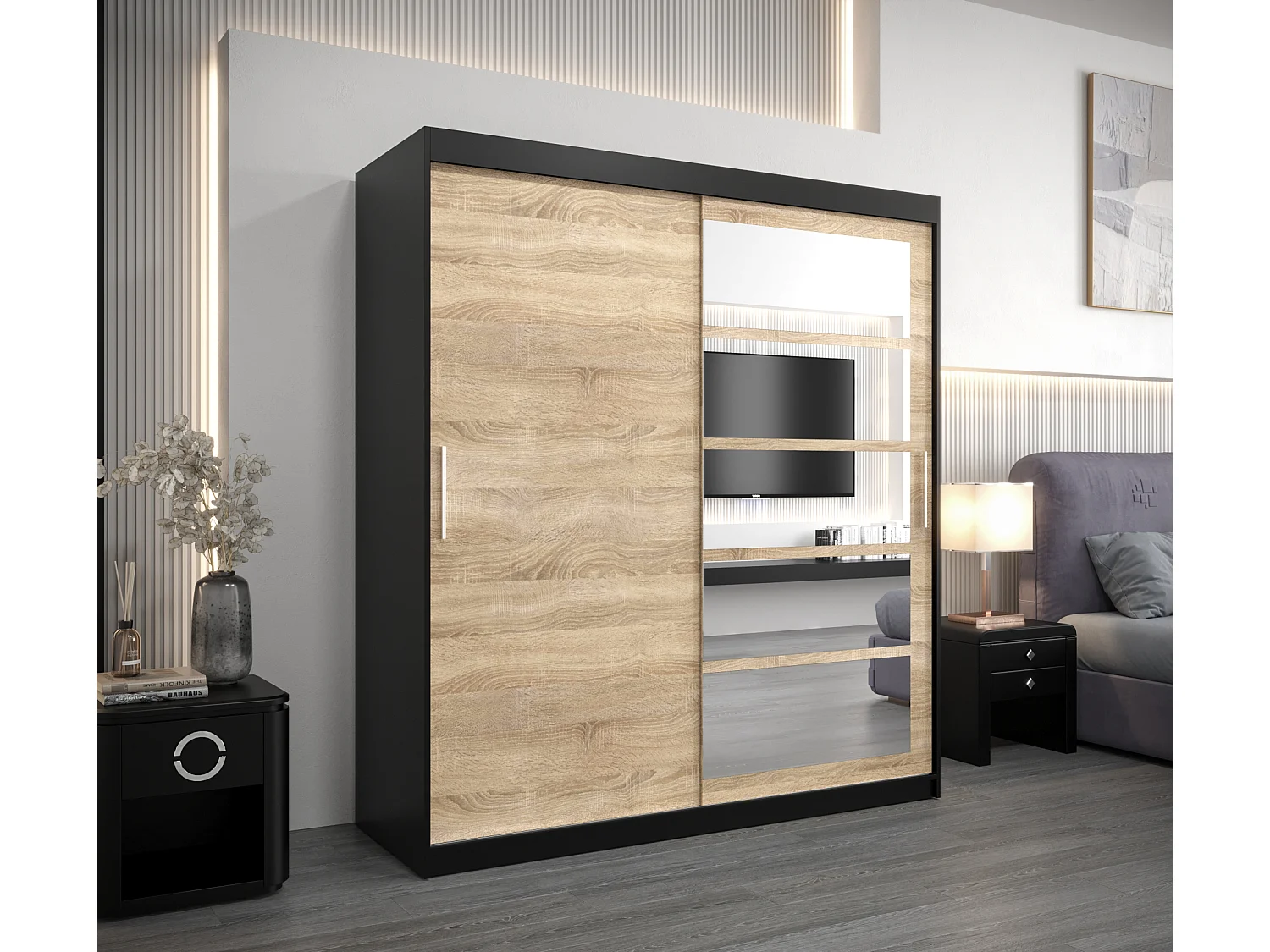 Armoire Roma 1 À Portes Coulissantes 200/180/62 2 portes (Noir/Sonoma)