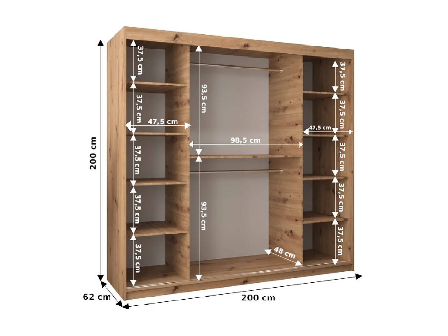 Roma 2 kledingkast met schuifdeuren 200/200/62 2 deuren (wit/artisan)
