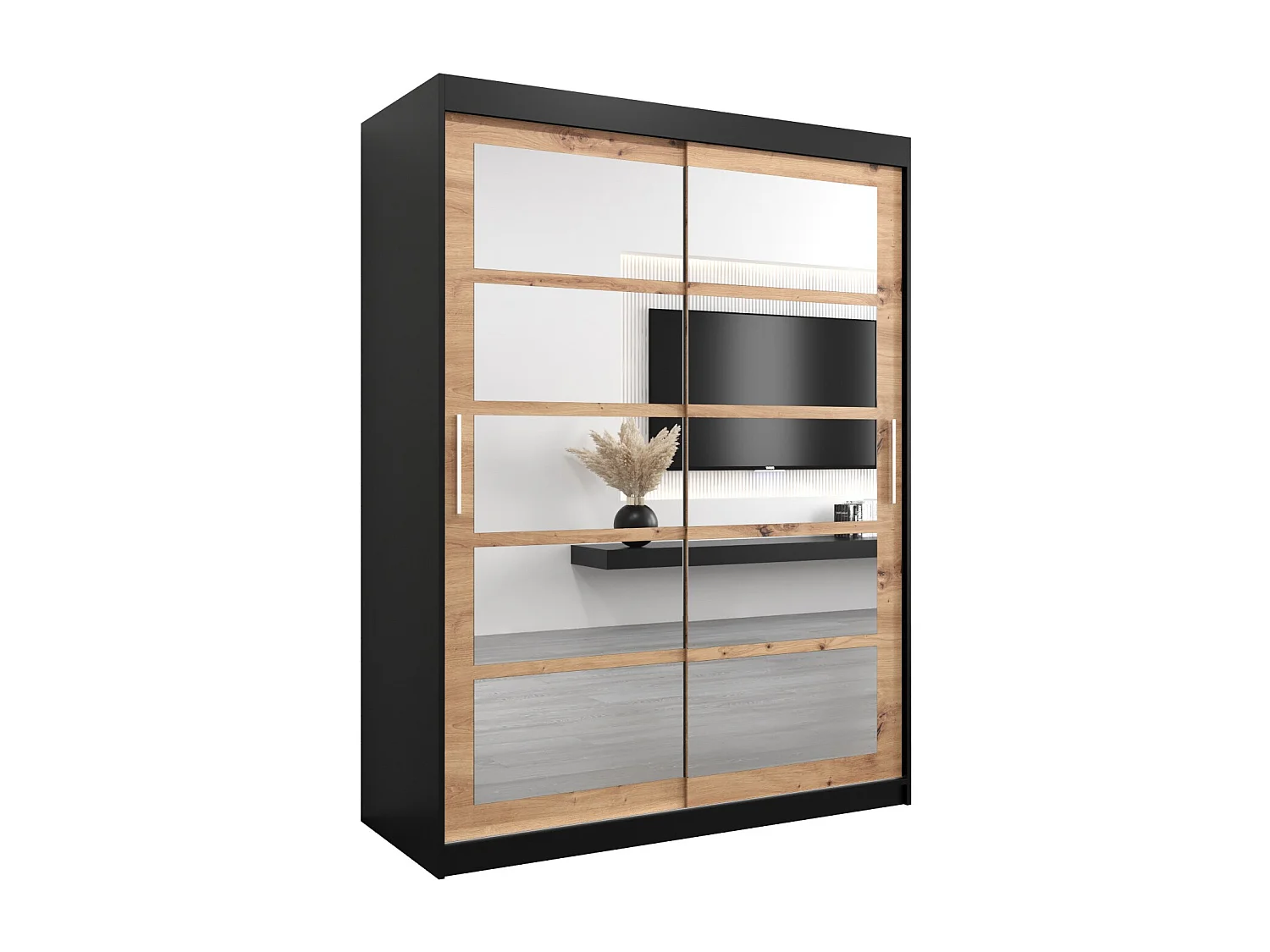 Schwebetürenschrank Roma 200/150/62 2-Türig (Schwarz/Artisan)