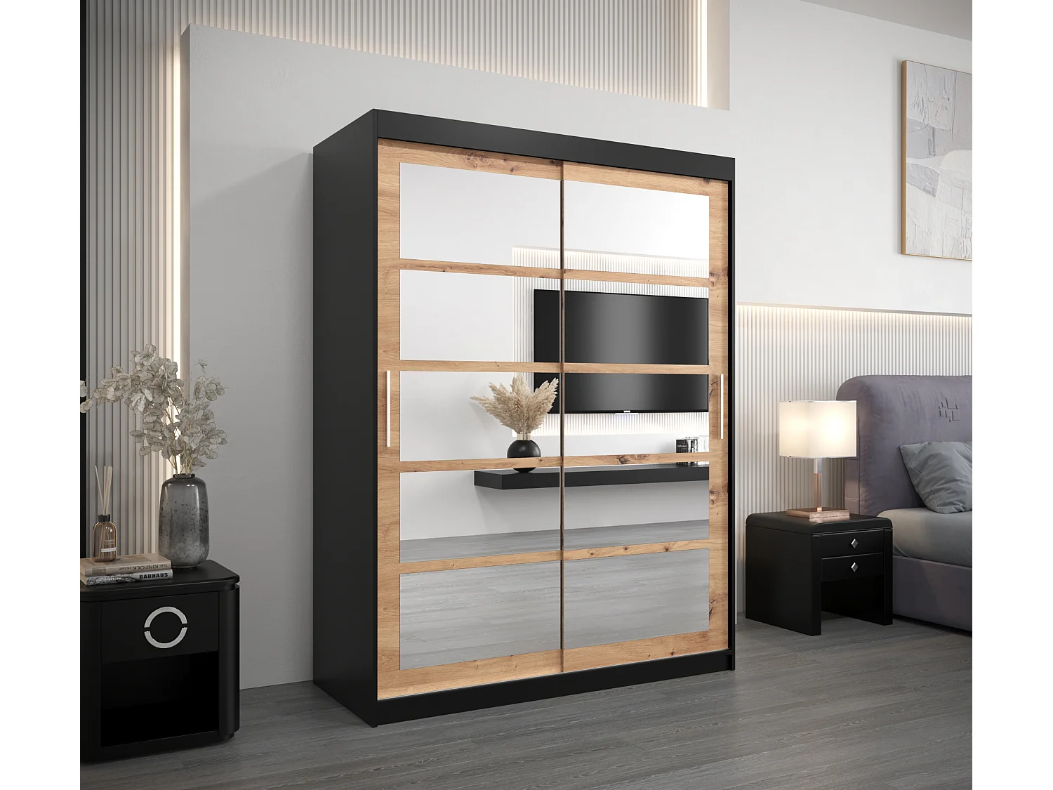 Armoire Roma 2 À Portes Coulissantes 200/150/62 2 portes (Noir/Artisan)