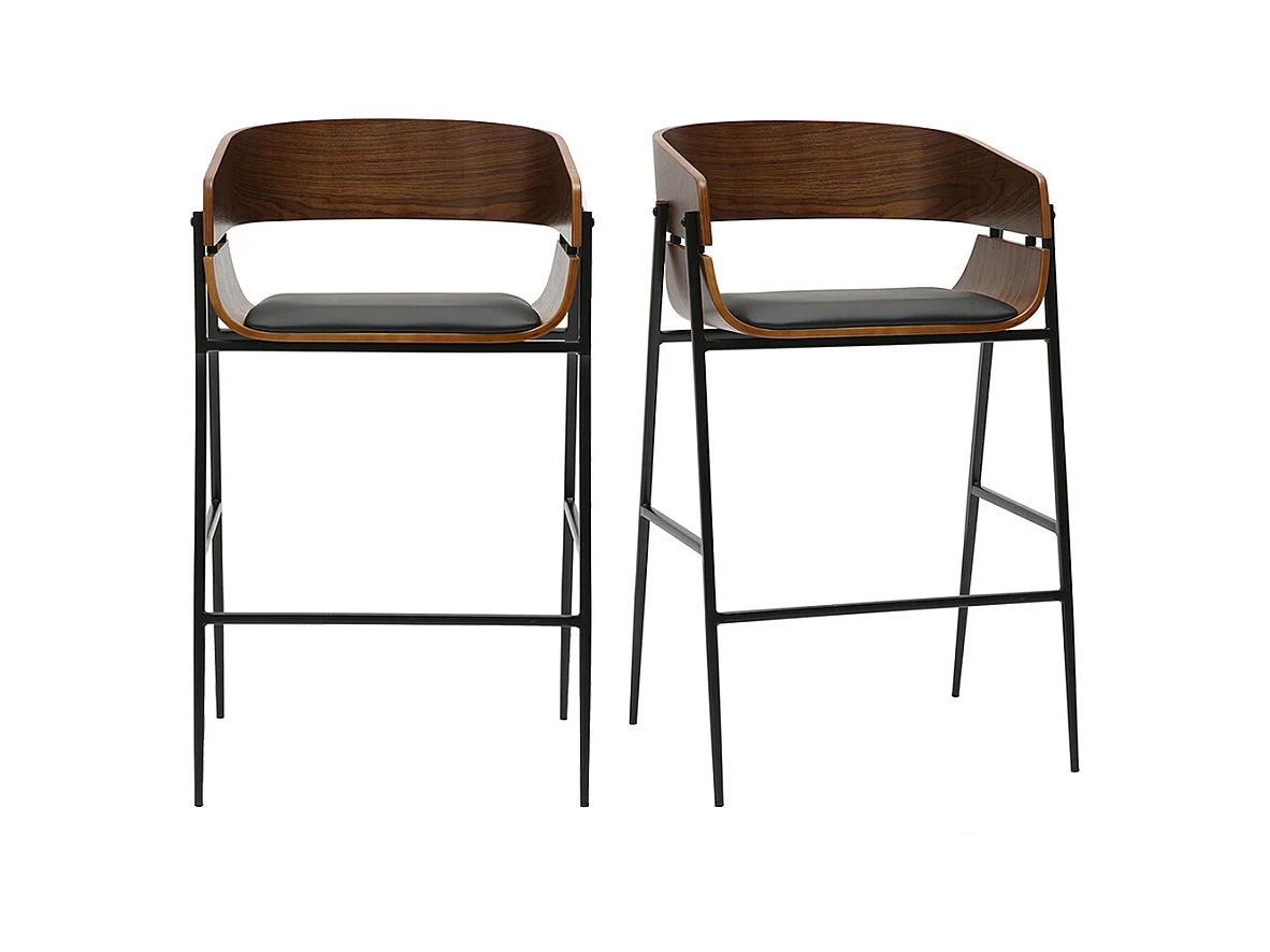 Tabourets de bar design bois foncé et métal noir (lot de 2) WESS