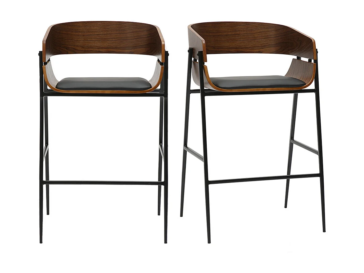 Designer Barhocker aus dunklem Holz und schwarzem Metall (2er-Set) WESS