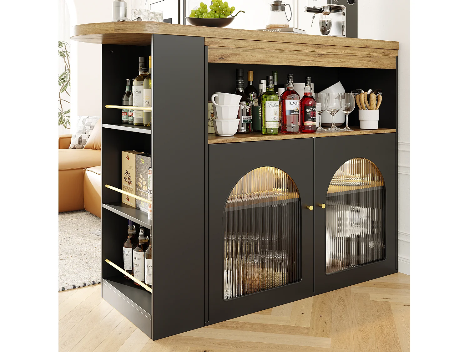 Table de bar rotative moderne, 138-193X39X105cm, rangement, LED, métal+ verre+ panneaux de particules noir