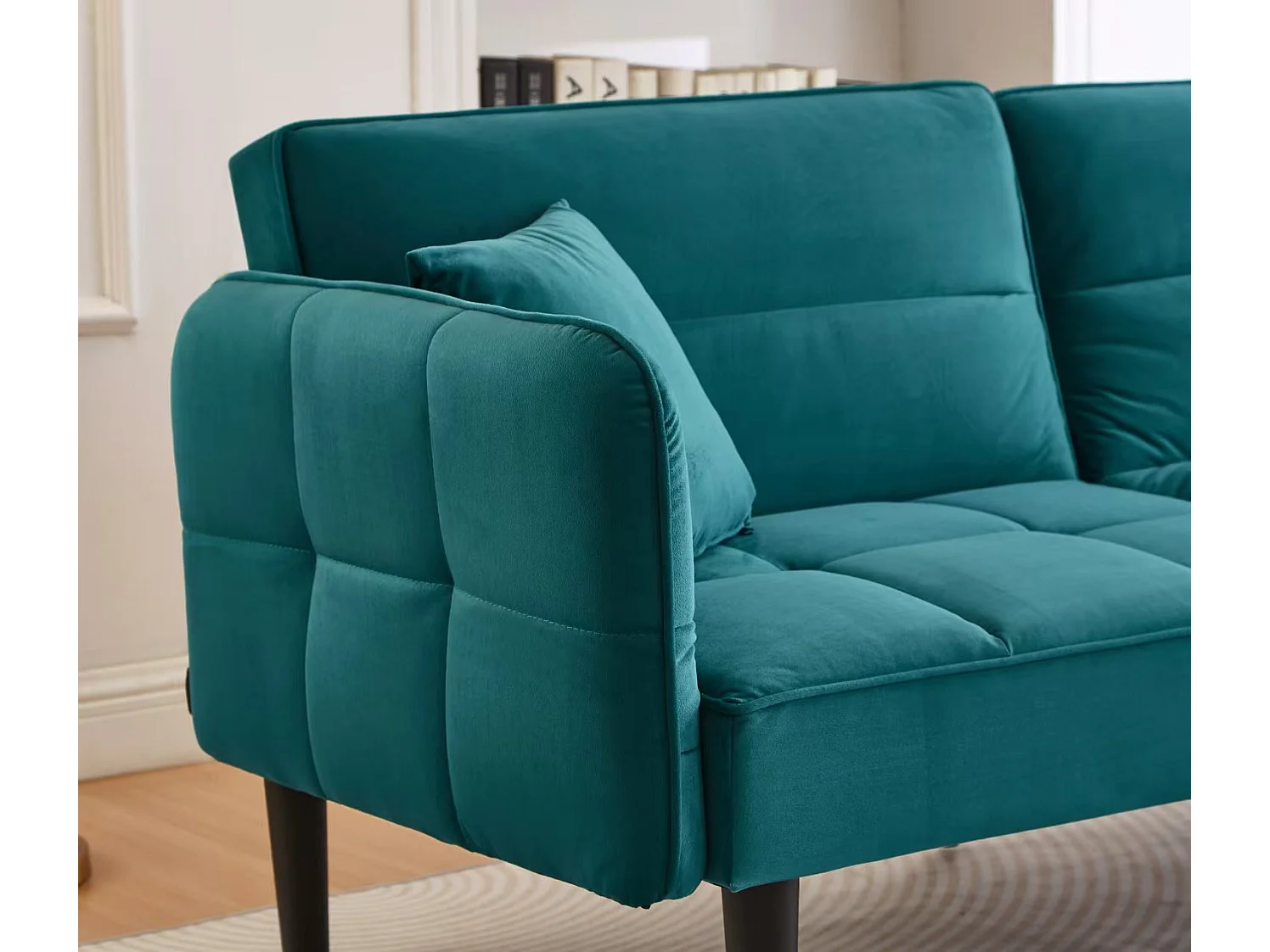 Canapé 2 places moderne, 176 x 78 x 76, clic clac, dossier et accoudoirs réglable, Velours bleu canard