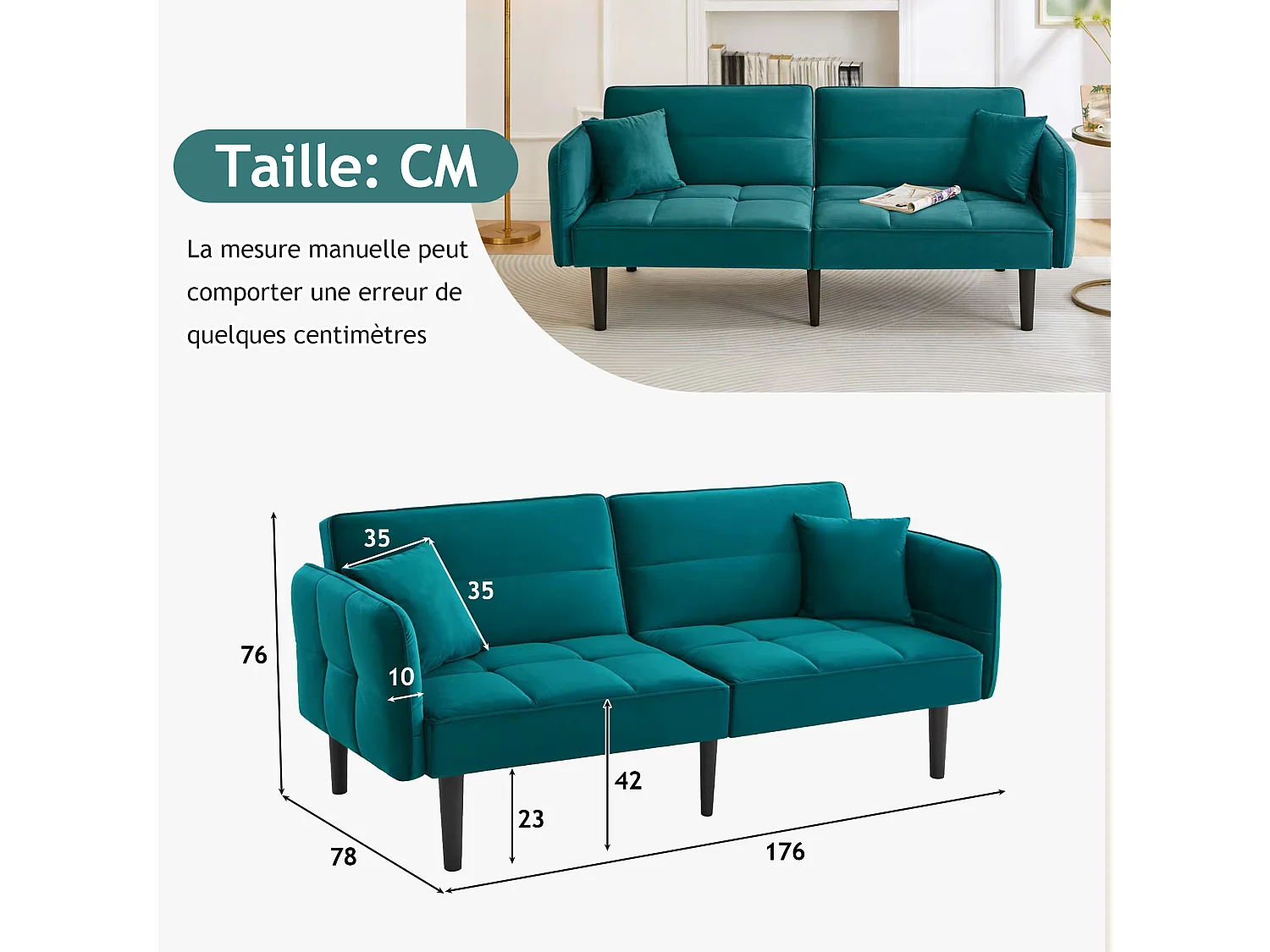 Canapé 2 places moderne, 176 x 78 x 76, clic clac, dossier et accoudoirs réglable, Velours bleu canard