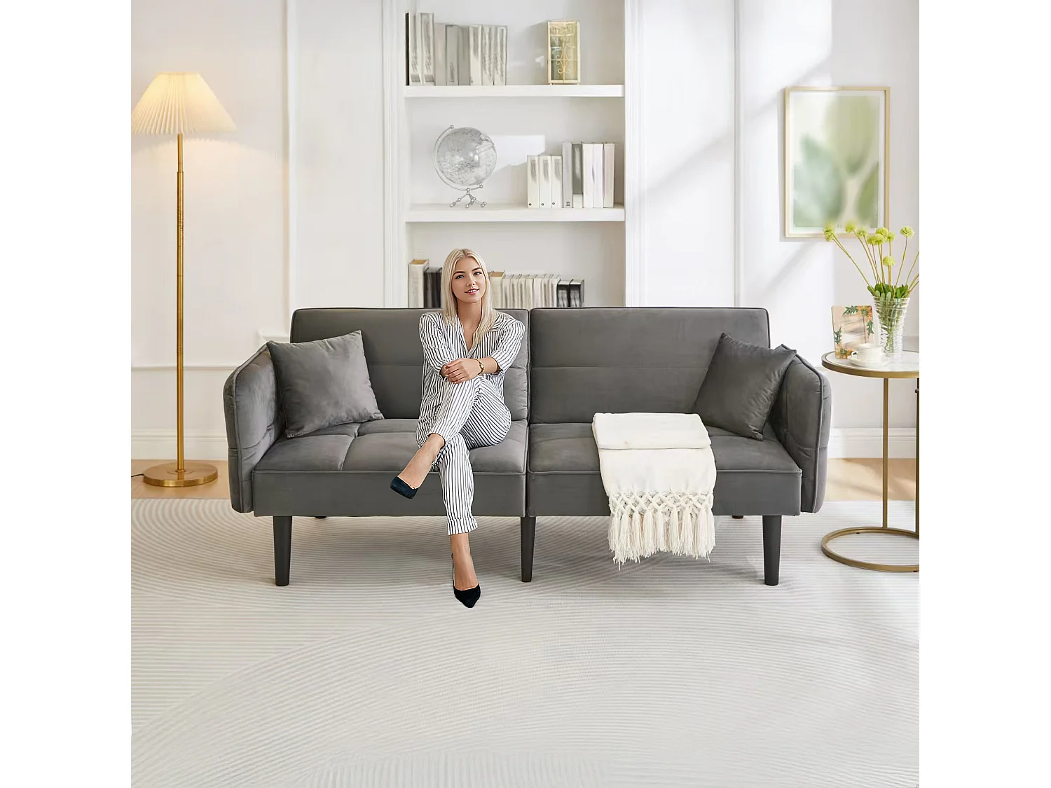 Canapé 2 places moderne, 176 x 78 x 76, clic clac, dossier et accoudoirs réglable, Velours Gris antique