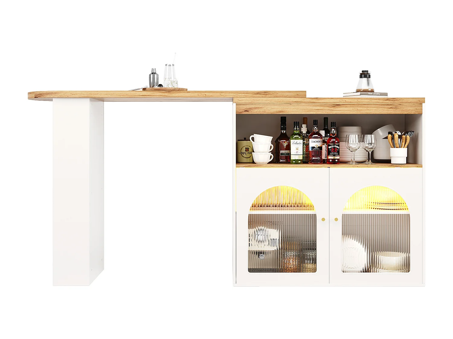 Table de bar rotative moderne, 138-193X39X105cm, rangement, LED, métal+ verre+ panneaux de particules blanc