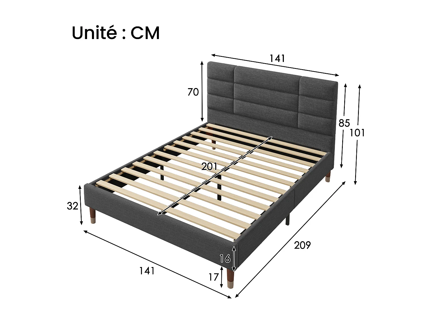 Lit 140 x 200 cm - Lit Adulte Rembourré En Lin - Avec Sommier À Lattes Et Rangement Sous-Lit - Gris Foncé - Sans matelas - WF196944