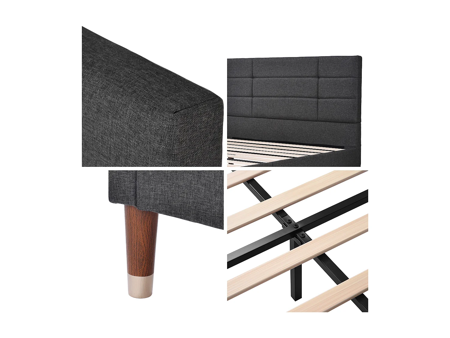 Lit 140 x 200 cm - Lit Adulte Rembourré En Lin - Avec Sommier À Lattes Et Rangement Sous-Lit - Gris Foncé - Sans matelas - WF196944