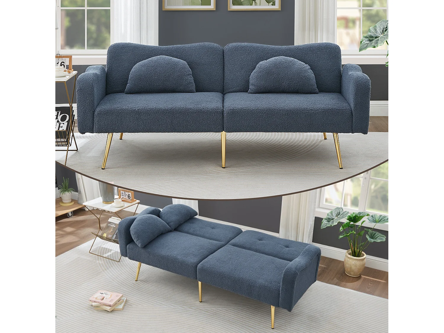 Canapé-lit 2 places, 175 x 79 x 82, clic clac, dossier réglable, design moderne, Tissu de Sherpa bleu-gris