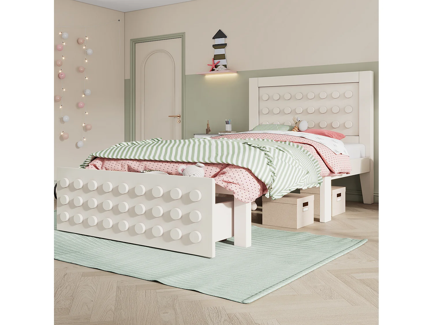 Lit simple en bois blanc 90x190 cm, lit enfant, design en blocs, tiroirs, espace de rangement, sans matelas