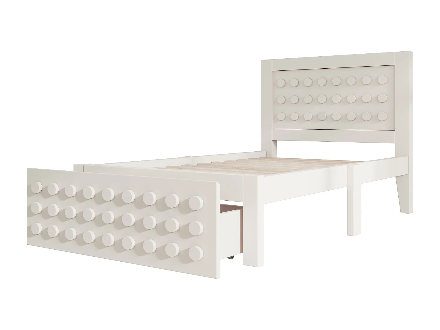 Lit simple en bois blanc 90x190 cm, lit enfant, design en blocs, tiroirs, espace de rangement, sans matelas