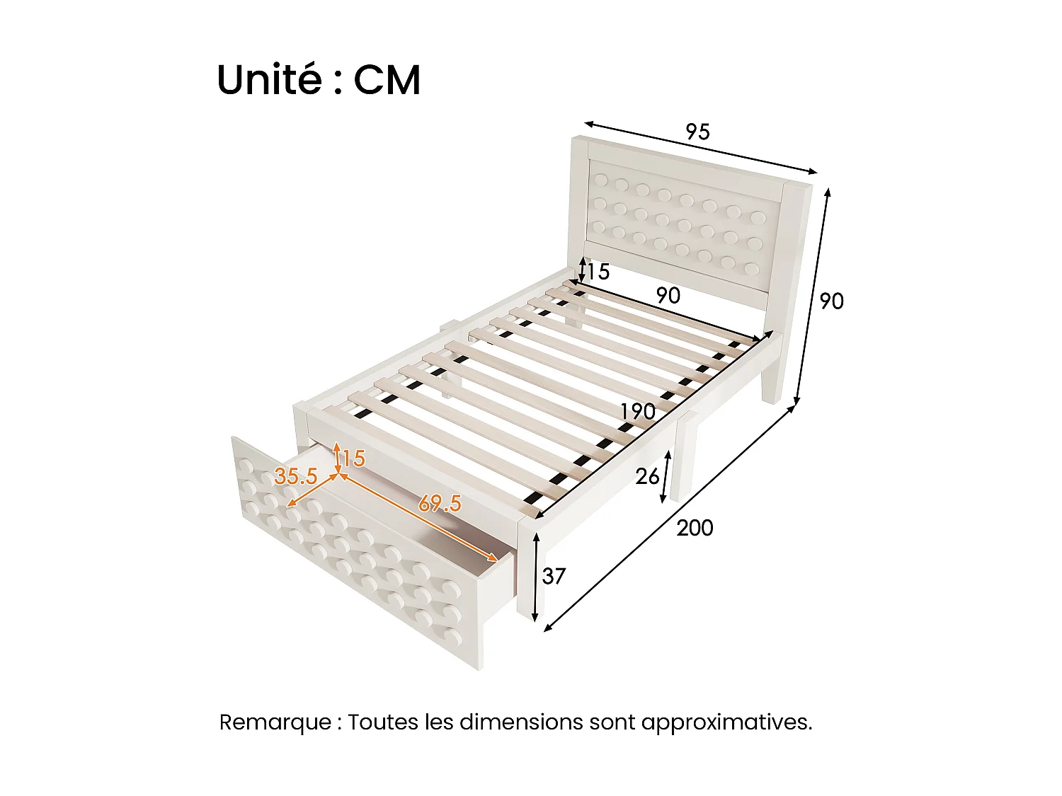 Lit enfants 90 x 190 cm - Cadre Bois Massif, Sommier à Lattes et Tiroir 26 cm Sous-lit - Bloc Créatif Anti-collision, Sans matelas - Blanc