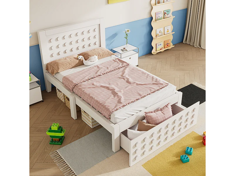 Lit enfants 90 x 190 cm - Cadre Bois Massif, Sommier à Lattes et Tiroir 26 cm Sous-lit - Bloc Créatif Anti-collision, Sans matelas - Blanc