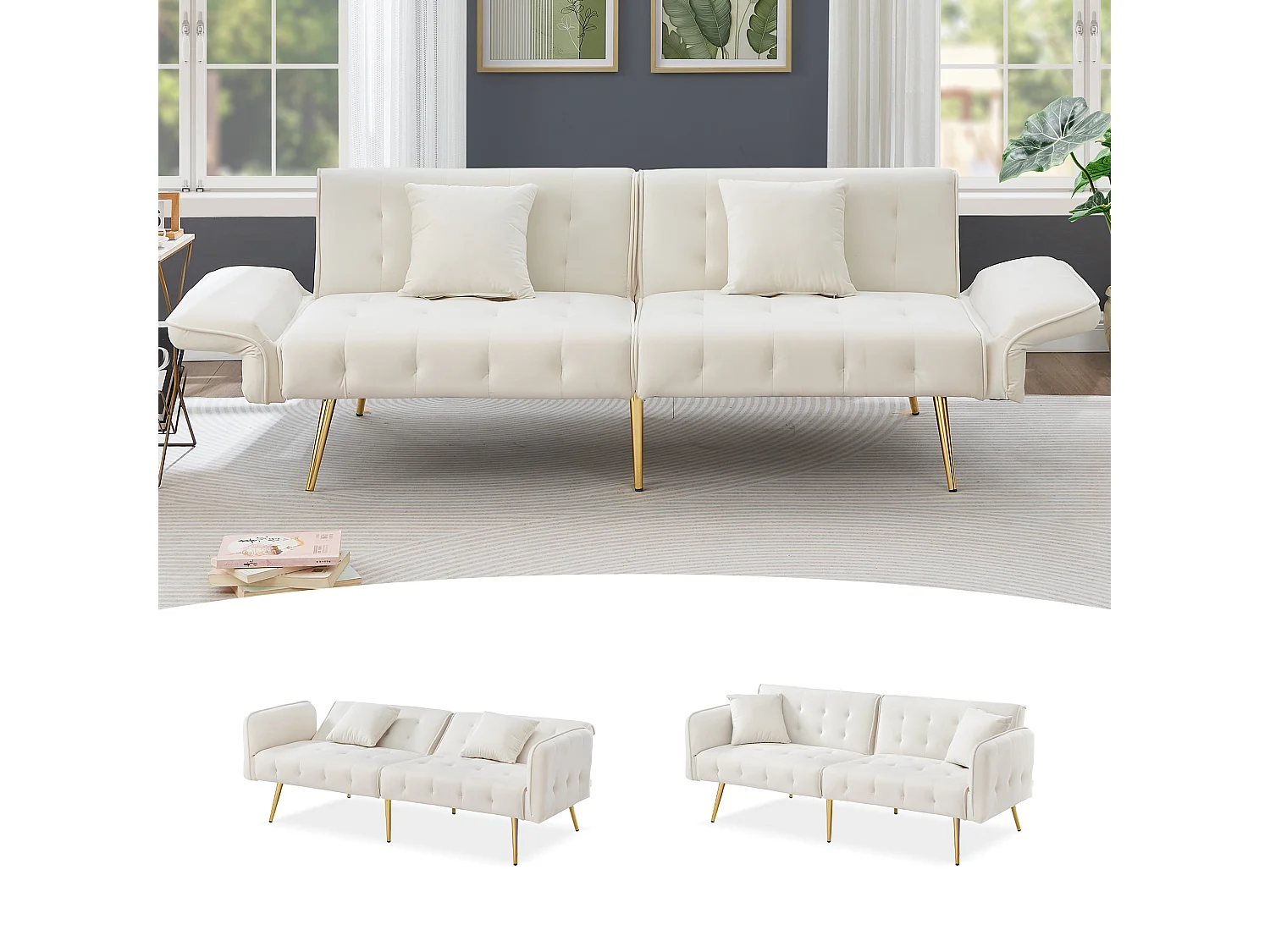 Canapé 2 places moderne, 178x82x70, clic clac, dossier et accoudoirs réglable, Velours Blanc ancien