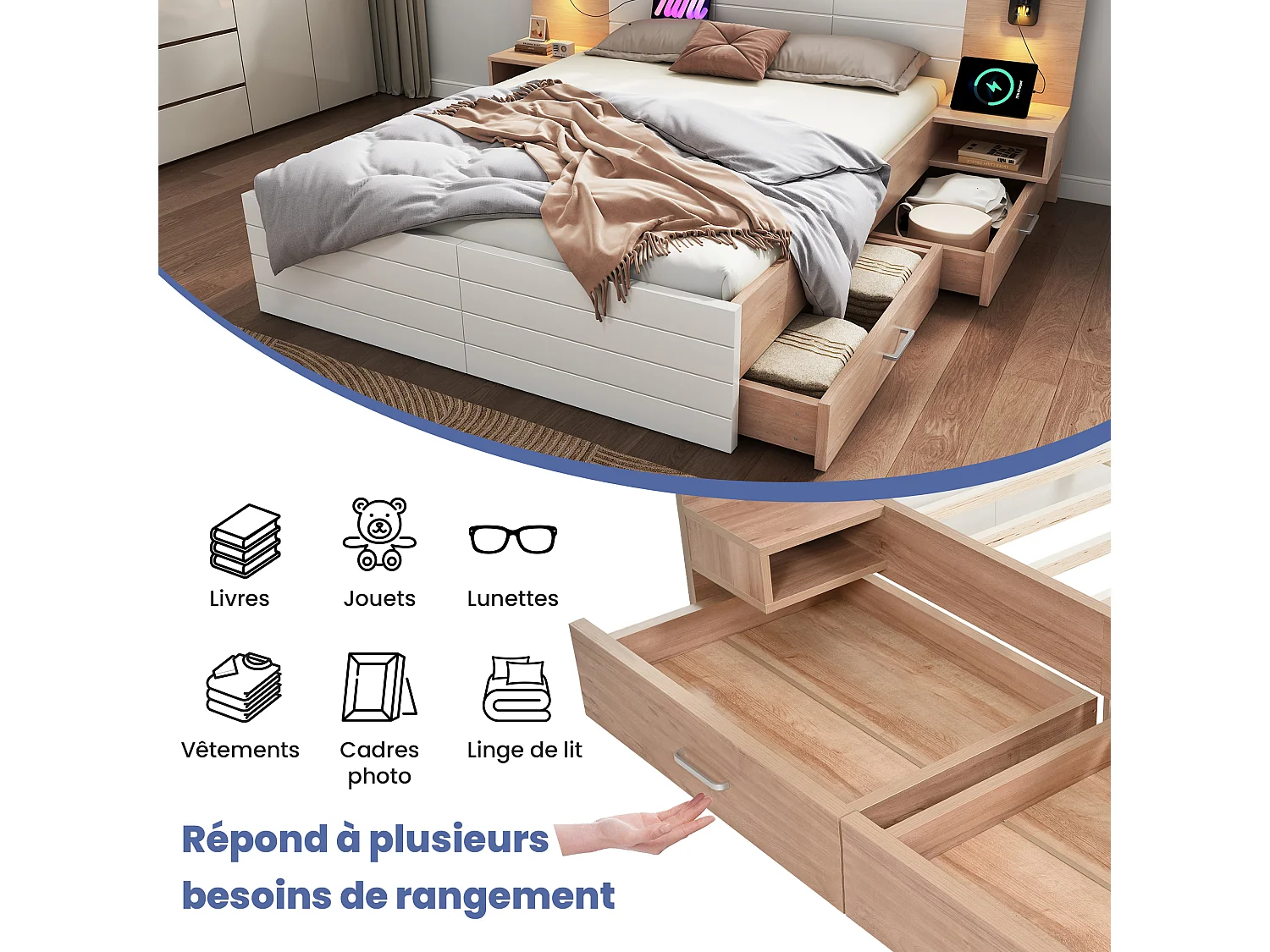 Bed 160x200cm - Hoofdeinde Met Leeslamp - USB Oplaadpunt - 2 Lades - Voor Slaapkamer - Hout & MDF - Wit+Lichtbruin - Zonder matras